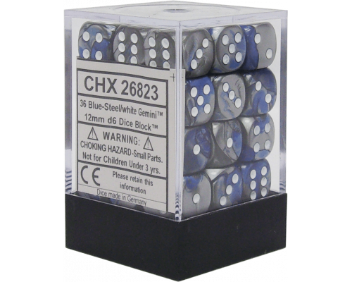 Chessex Gemini 12mm d6 Dice Blocks with pips Dice Blocks (36 Dice) - Blue-Steel w/white