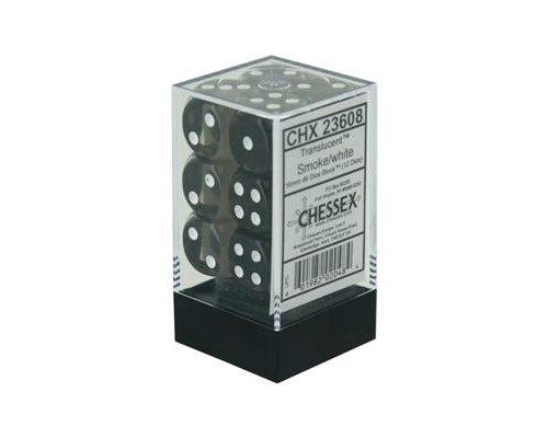 Chessex Translucent 16mm d6 with pips Dice Blocks (12 Dice) - Smoke w/white