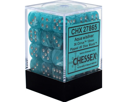 Chessex Signature 12mm d6 with pips Dice Blocks (36 Dice) - Cirrus Aqua w/silver