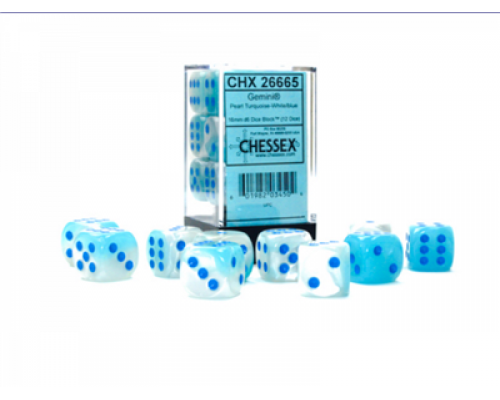 Gemini 16mm d6 Pearl Turquoise-White/blue Luminary Dice Block (12 dice)