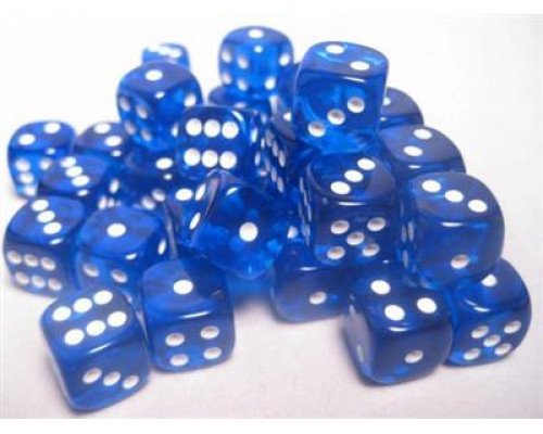 Chessex Translucent 12mm d6 with pips Dice Blocks (36 Dice) - Blue w/white