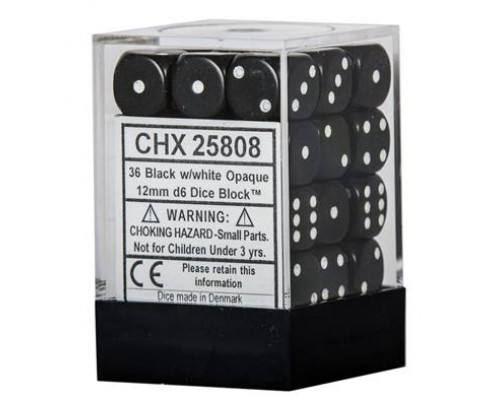 Chessex Opaque 12mm d6 with pips Dice Blocks (36 Dice) - Black w/white