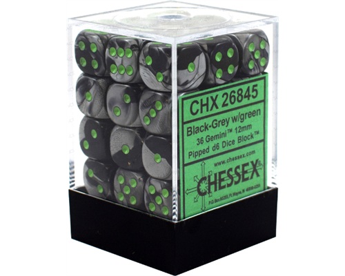 Chessex Gemini 12mm d6 Dice Blocks with pips Dice Blocks (36 Dice) - Black-Grey w/green