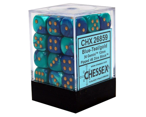 Chessex Gemini 12mm d6 Dice Blocks with pips Dice Blocks (36 Dice) - Blue-Teal w/gold