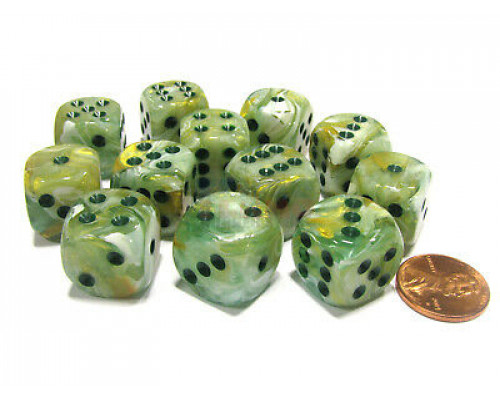 Chessex 16mm d6 with pips Dice Blocks (12 Dice) - Marble Green w/dark green