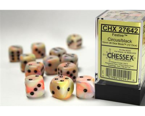 Chessex 16mm d6 with pips Dice Blocks (12 Dice) - Festive Circus w/black