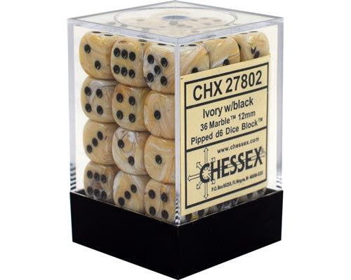 Chessex Signature 12mm d6 with pips Dice Blocks (36 Dice) - Marble Ivory w/black