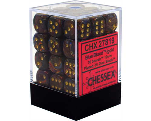Chessex Signature 12mm d6 with pips Dice Blocks (36 Dice) - Scarab Blue Blood w/gold