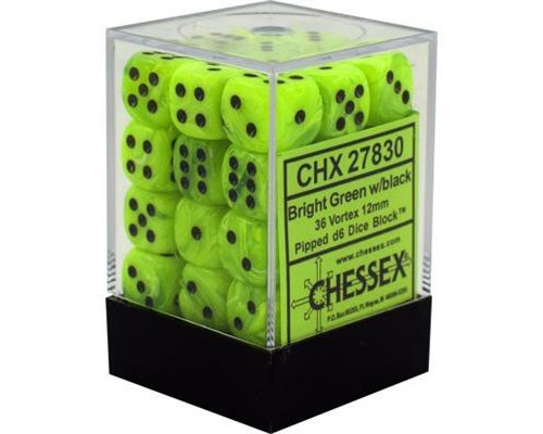 Chessex Signature 12mm d6 with pips Dice Blocks (36 Dice) - Vortex Bright Green w/black