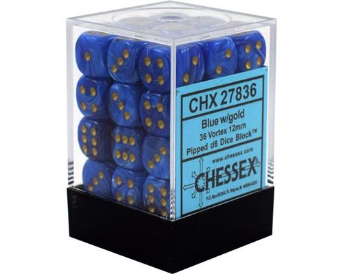 Chessex Signature 12mm d6 with pips Dice Blocks (36 Dice) - Vortex Blue w/gold