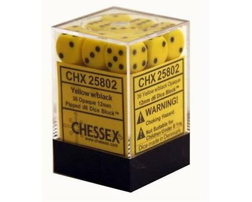 Chessex Opaque 12mm d6 with pips Dice Blocks (36 Dice) - Yellow w/black