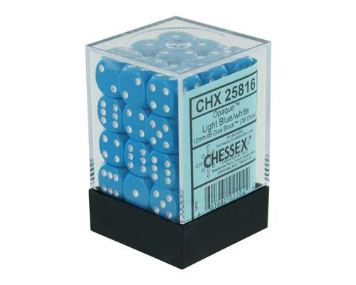 Chessex Opaque 12mm d6 with pips Dice Blocks (36 Dice) - Light Blue w/white