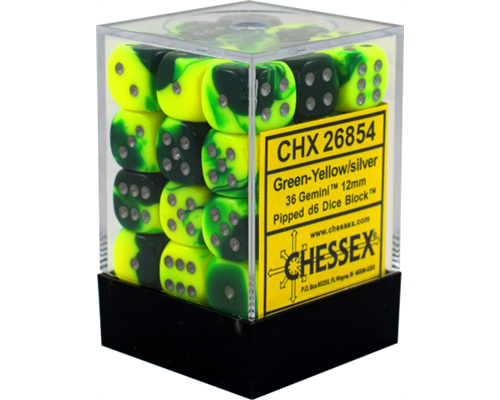 Chessex Gemini 12mm d6 Dice Blocks with pips Dice Blocks (36 Dice) - Green-Yellow w/silver