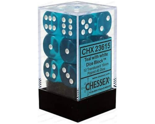 Chessex Translucent 16mm d6 with pips Dice Blocks (12 Dice) - Teal w/white