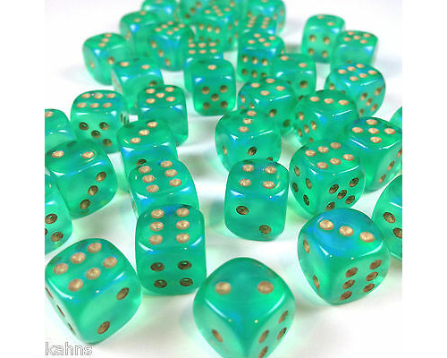 Chessex Borealis 12mm d6 Light Green/gold Luminary Dice Block (36 dice)