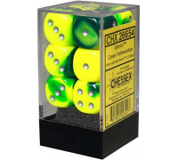 Chessex Gemini 16mm d6 with pips Dice Blocks (12 Dice) - Green-Yellow w/silver