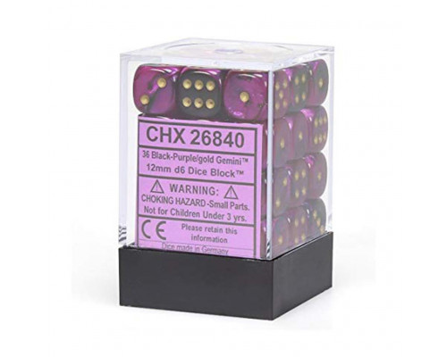 Chessex Gemini 12mm d6 Dice Blocks with pips Dice Blocks (36 Dice) - Black-Purple w/gold