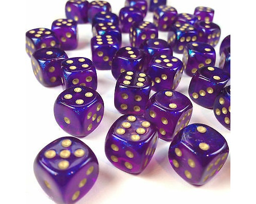 Chessex Borealis 12mm d6 Royal Purple/gold Luminary Dice Block (36 dice)